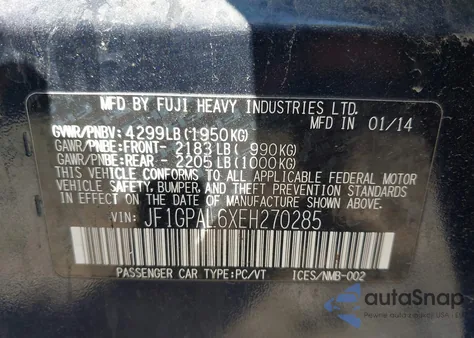 2014 Subaru Impreza 2.0I Sport Premium z USA, uszkodzony, nr VIN JF1GPAL6XEH270285